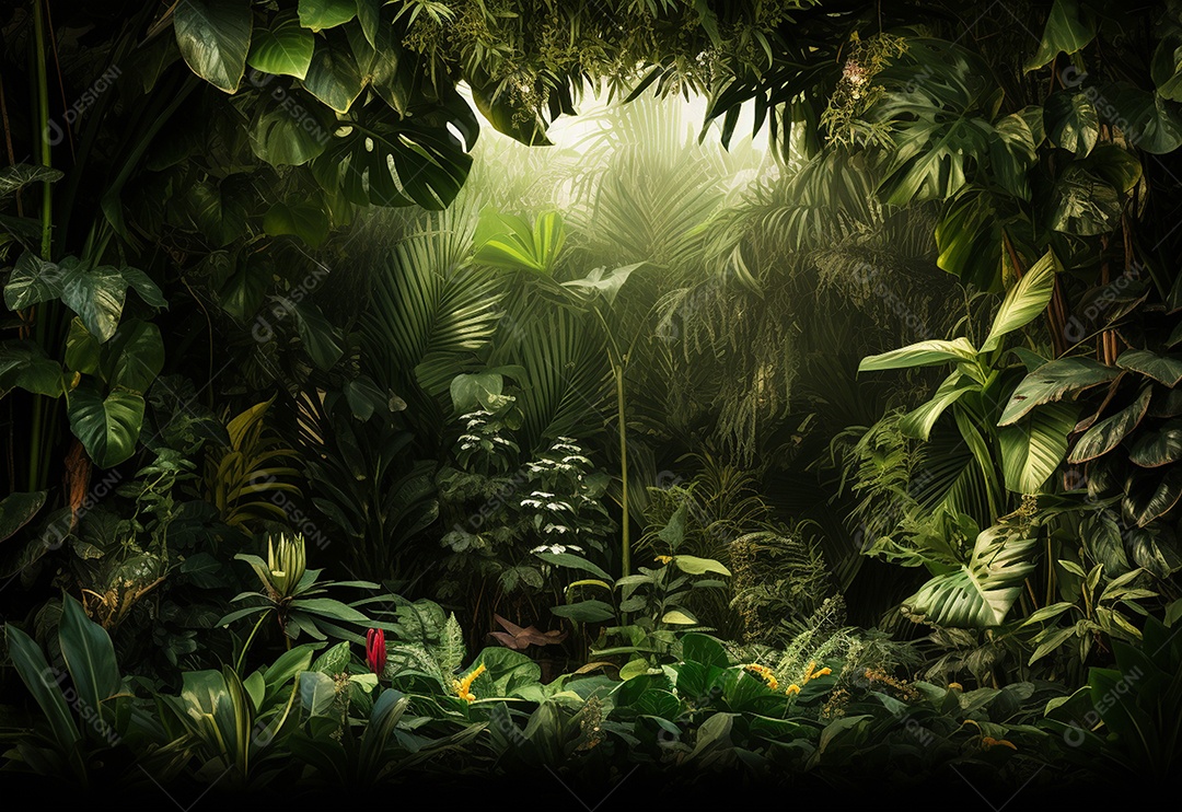 Fundo bonito da selva com borda feita de folhas tropicais.