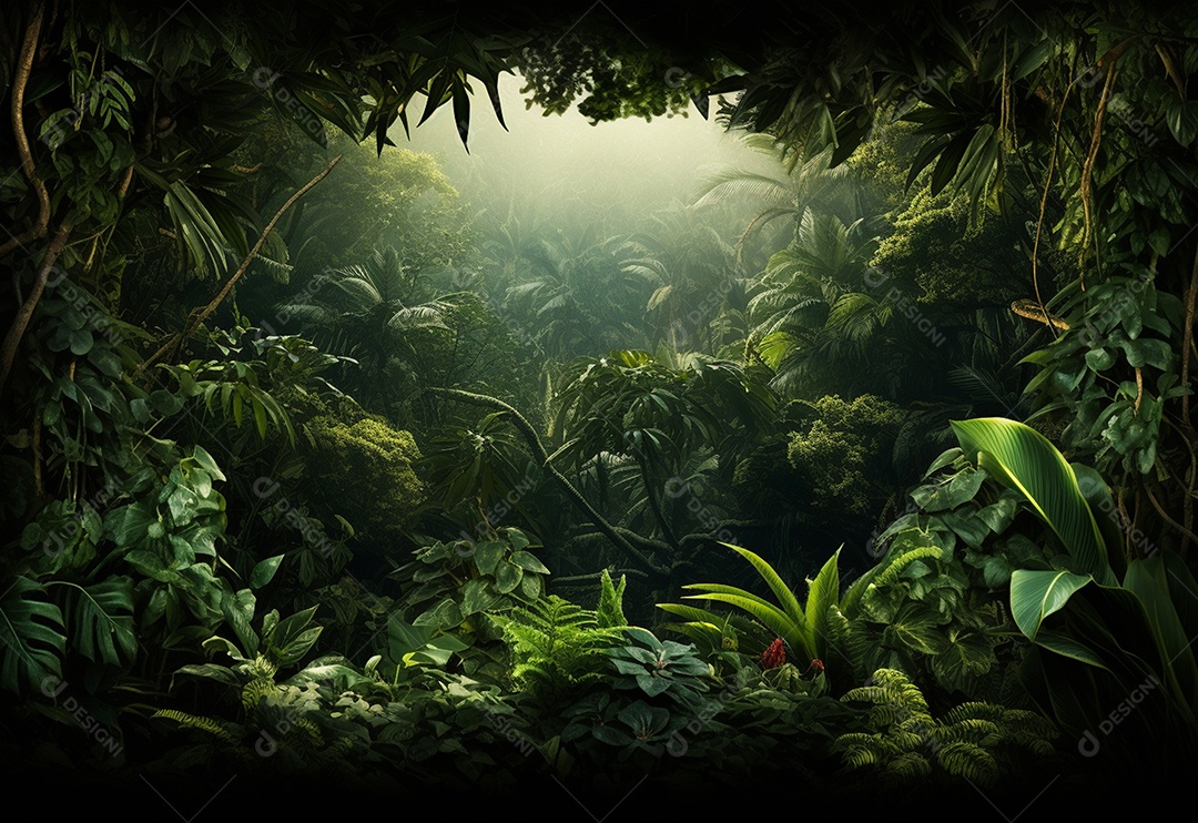 Fundo bonito da selva com borda feita de folhas tropicais.