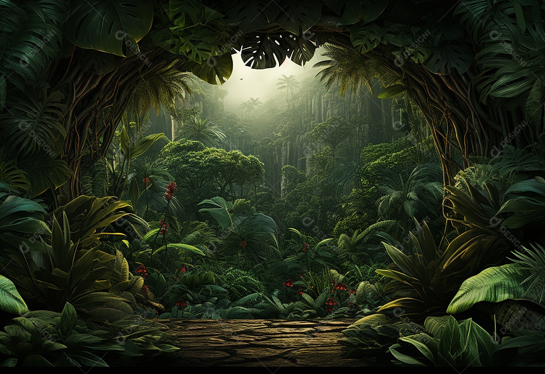 Fundo bonito da selva com borda feita de folhas tropicais.