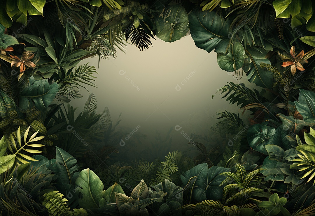 Fundo bonito da selva com borda feita de folhas tropicais.