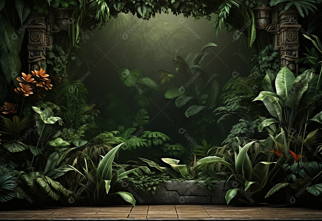 Fundo bonito da selva com borda feita de folhas tropicais.