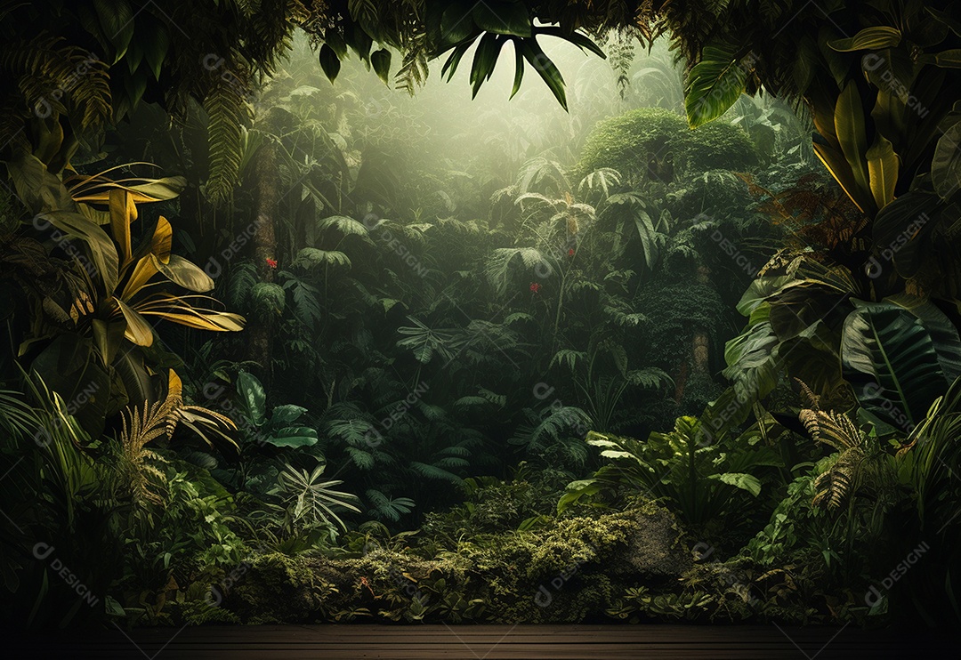 Fundo bonito da selva com borda feita de folhas tropicais.