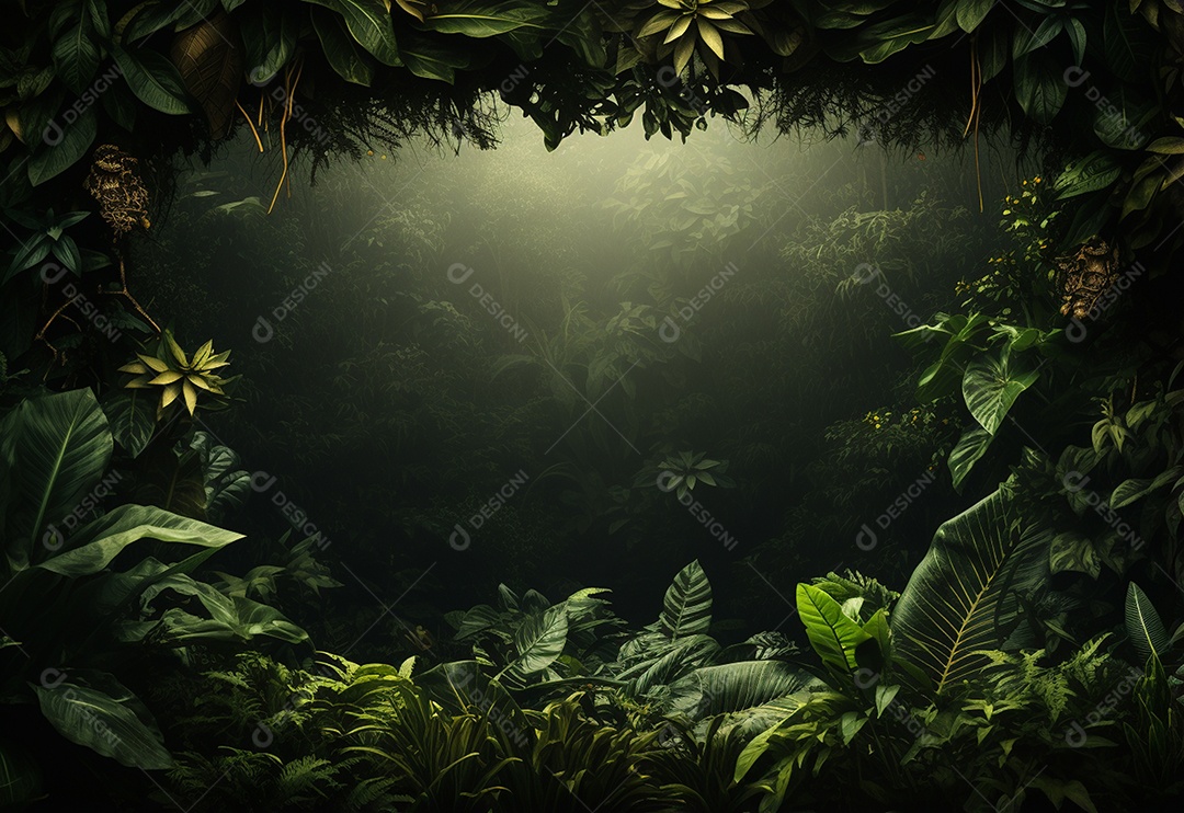 Fundo bonito da selva com borda feita de folhas tropicais.