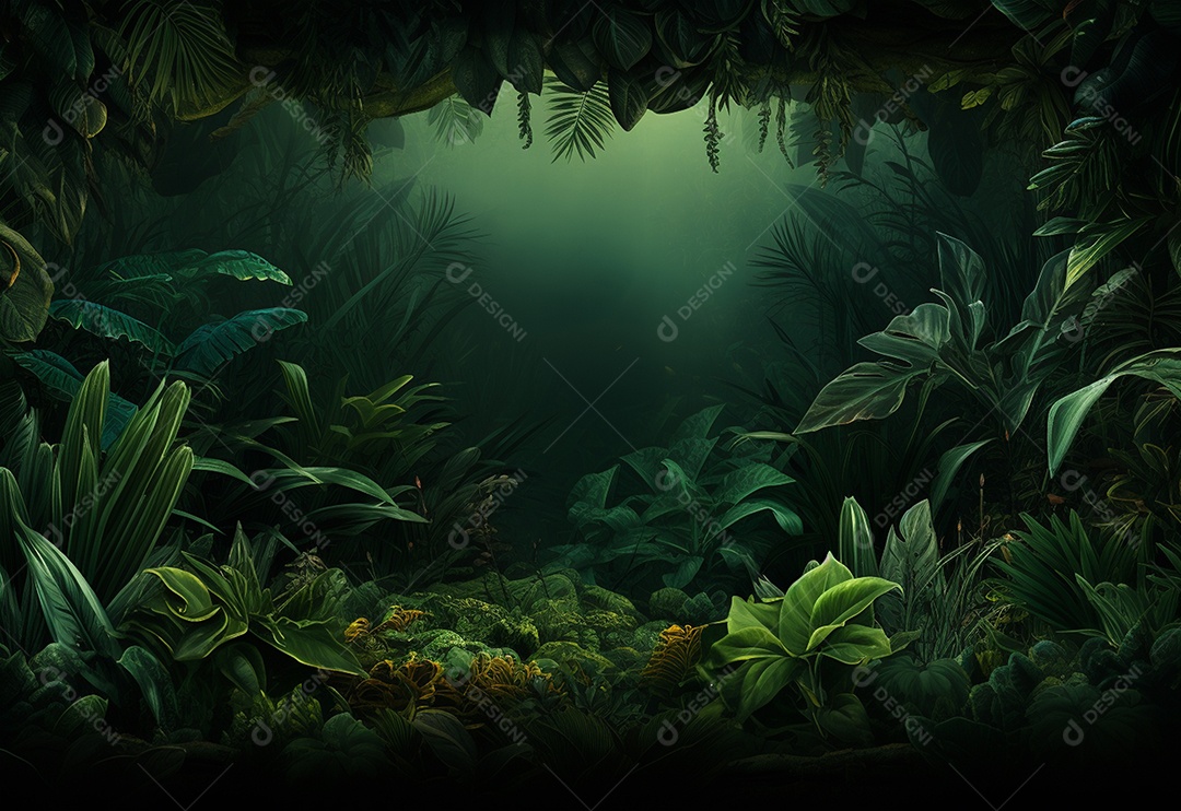 Fundo bonito da selva com borda feita de folhas tropicais.