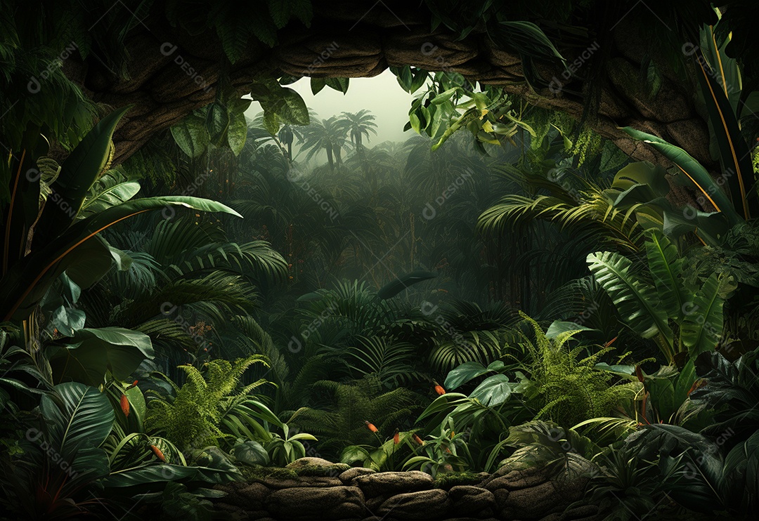 Fundo bonito da selva com borda feita de folhas tropicais.