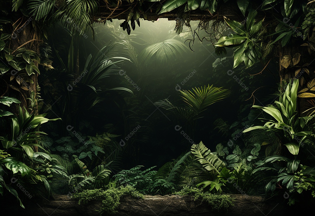 Fundo bonito da selva com borda feita de folhas tropicais.