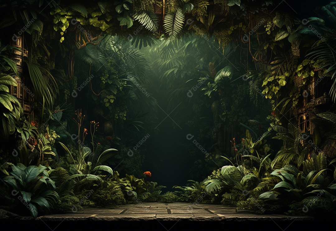 Fundo bonito da selva com borda feita de folhas tropicais.