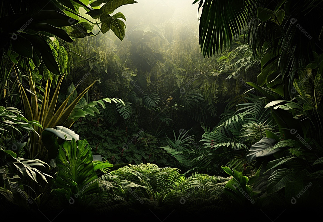 Fundo bonito da selva com borda feita de folhas tropicais.