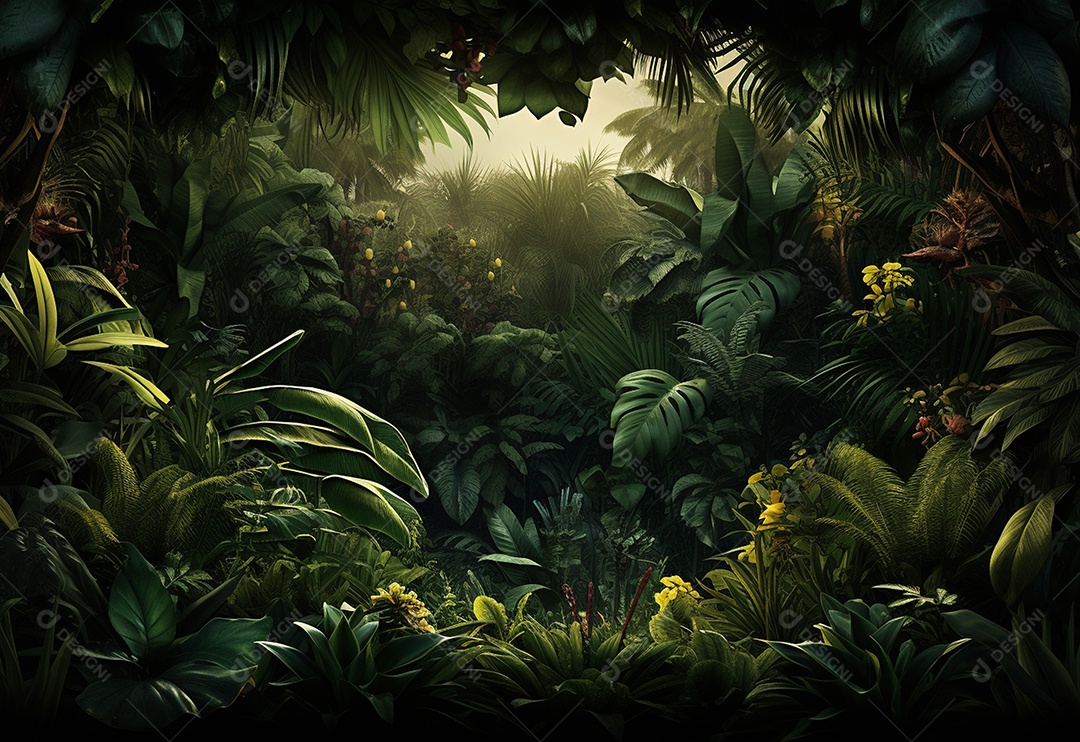 Fundo bonito da selva com borda feita de folhas tropicais.