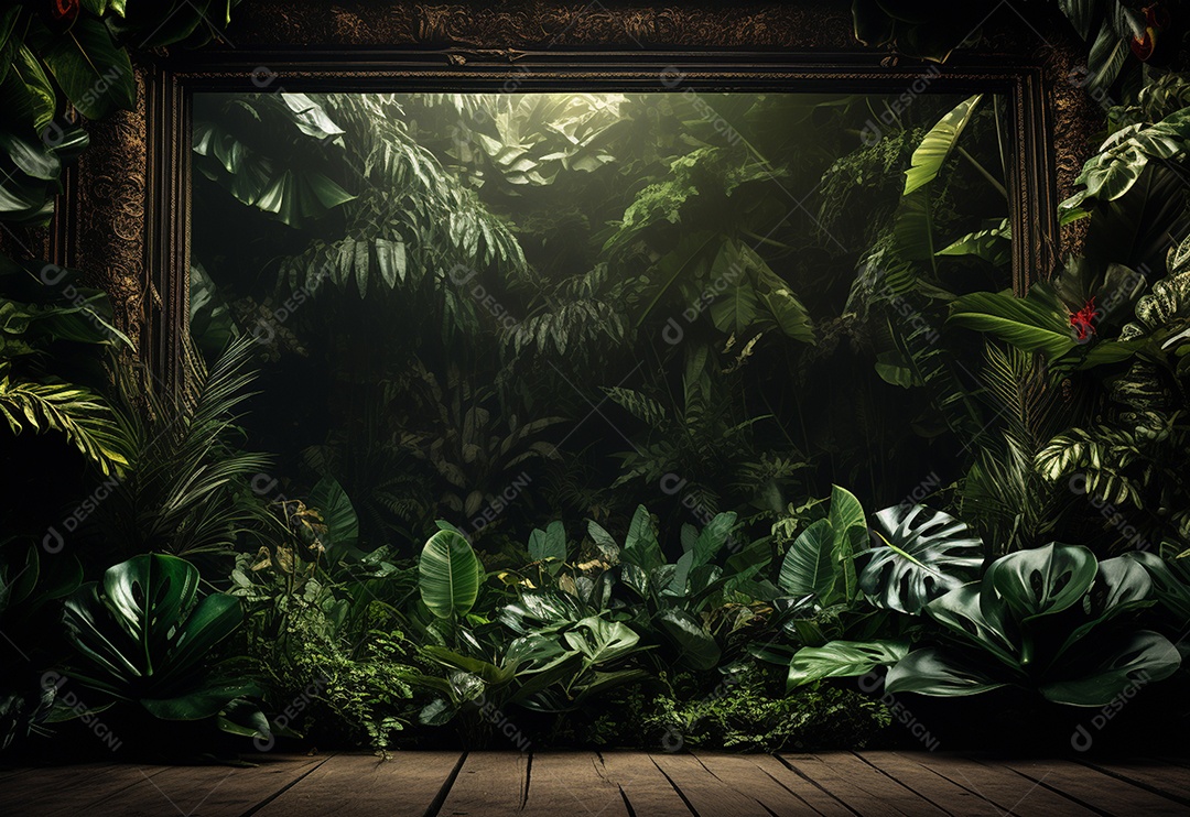 Fundo bonito da selva com borda feita de folhas tropicais.