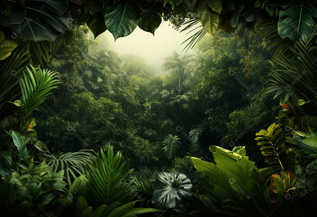 Fundo bonito da selva com borda feita de folhas tropicais.