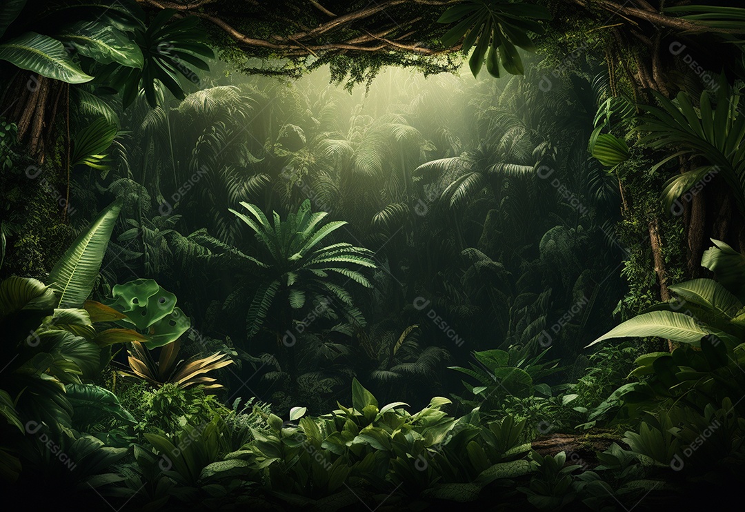 Fundo bonito da selva com borda feita de folhas tropicais.