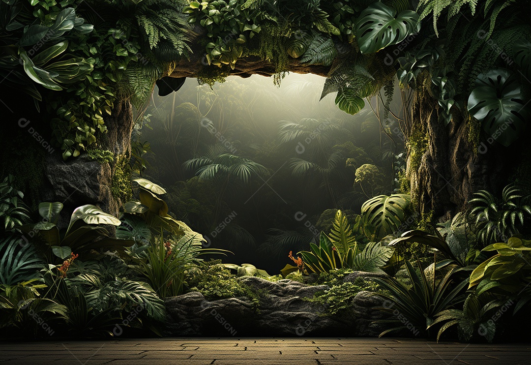 Fundo bonito da selva com borda feita de folhas tropicais.