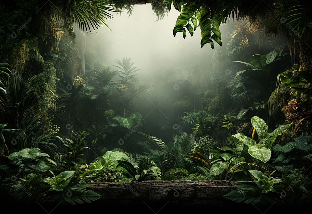 Fundo bonito da selva com borda feita de folhas tropicais.