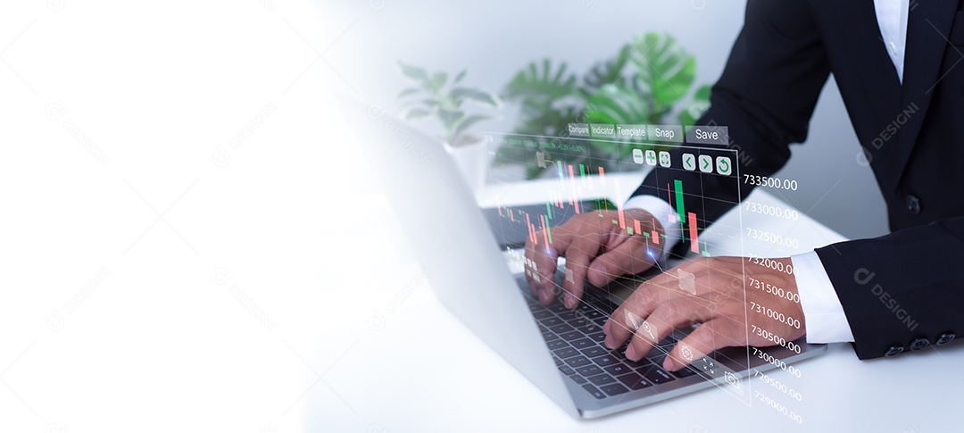 Mercado de ações, crescimento empresarial, progresso ou conceito de sucesso. Empresário ou comerciante está mostrando um crescente estoque de holograma virtual