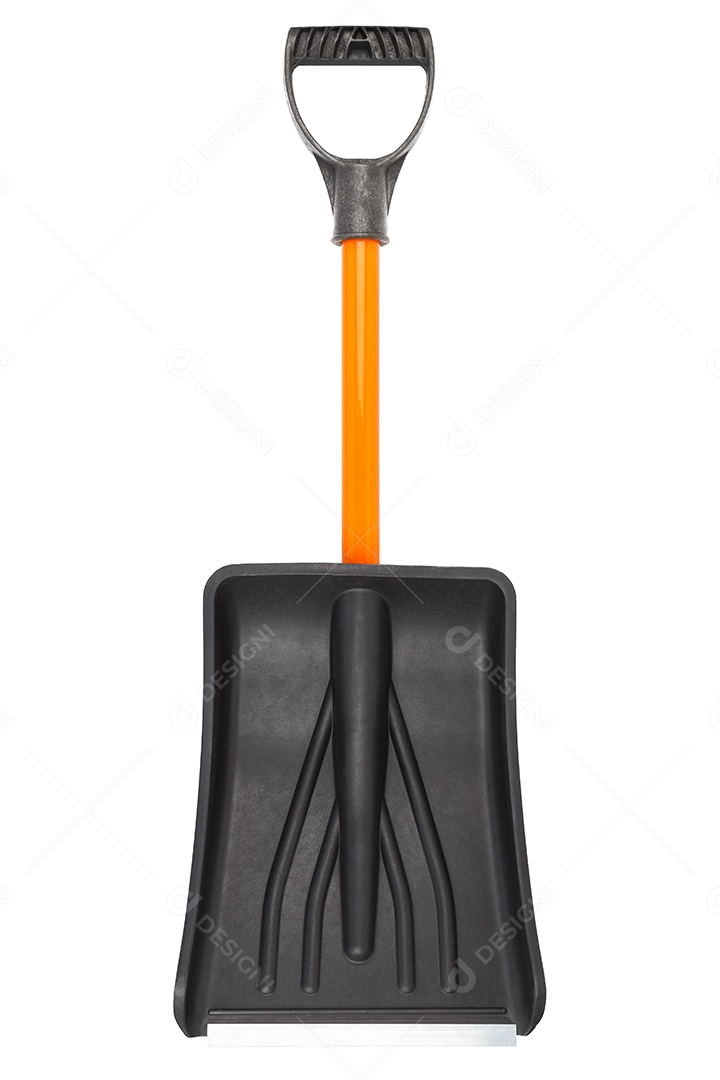 Pequena pá de neve de plástico isolada no fundo branco parte traseira