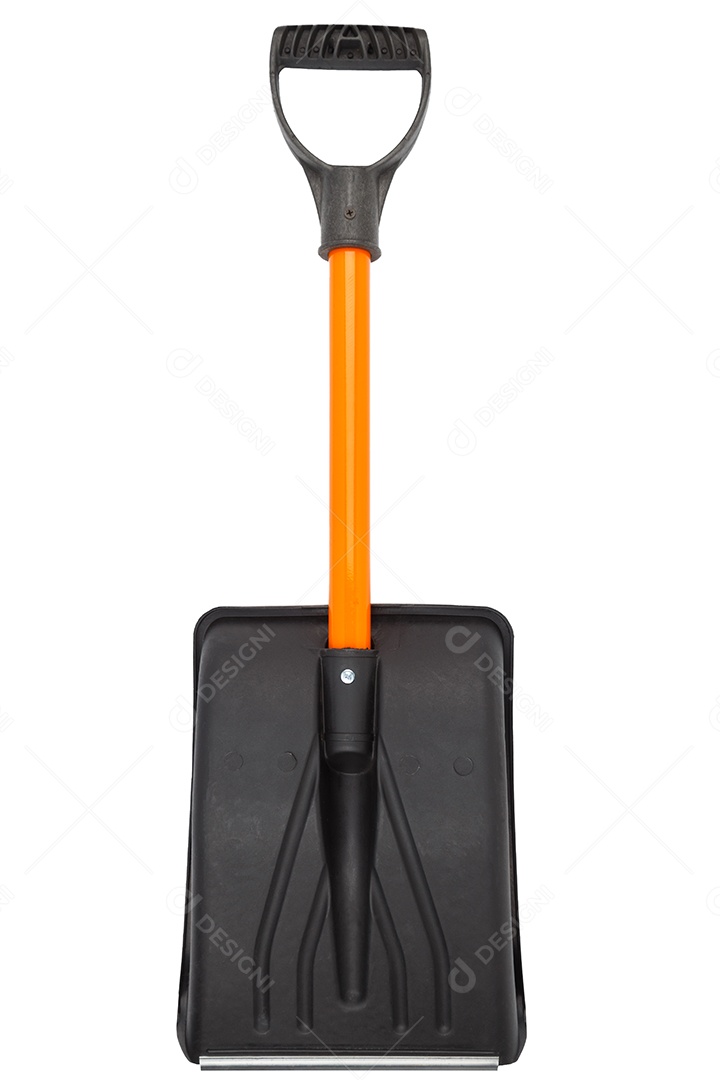 Pequena pá de neve de plástico isolada no fundo branco parte traseira