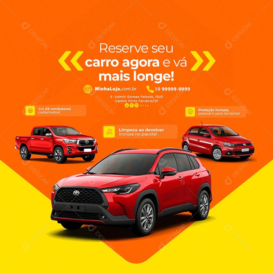 Aluguel de Carros Reserve seu Carro Agora e Vá Mais Longe Social Media PSD Editável