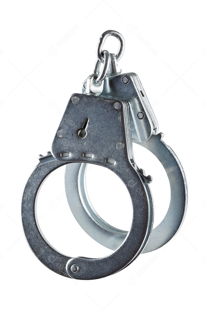 Algemas policiais de aço zincado real entreabertas penduradas verticalmente isoladas em fundo branco