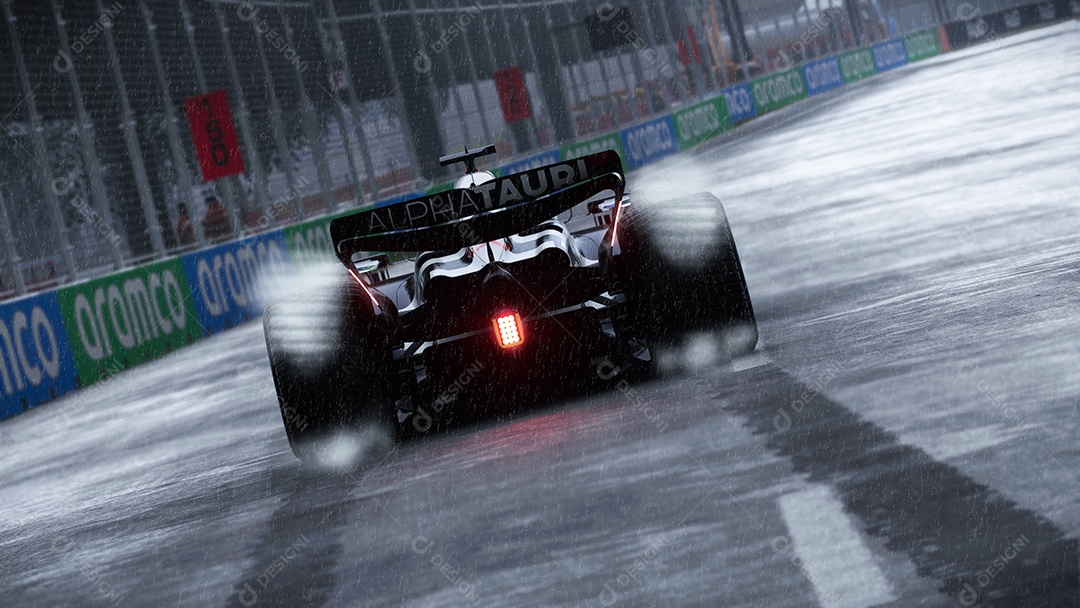 Carro Alpha Tauri F1 correndo na chuva ilustração 3D