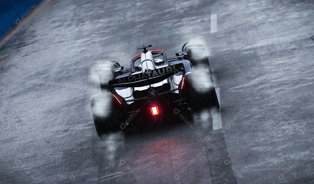 Carro Alpha Tauri F1 correndo na chuva ilustração 3D