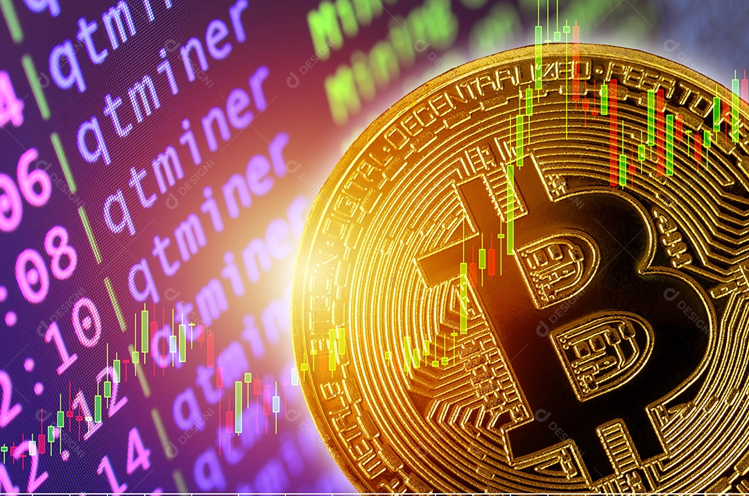 Moeda de bitcoin em fundo colorido de duas cores