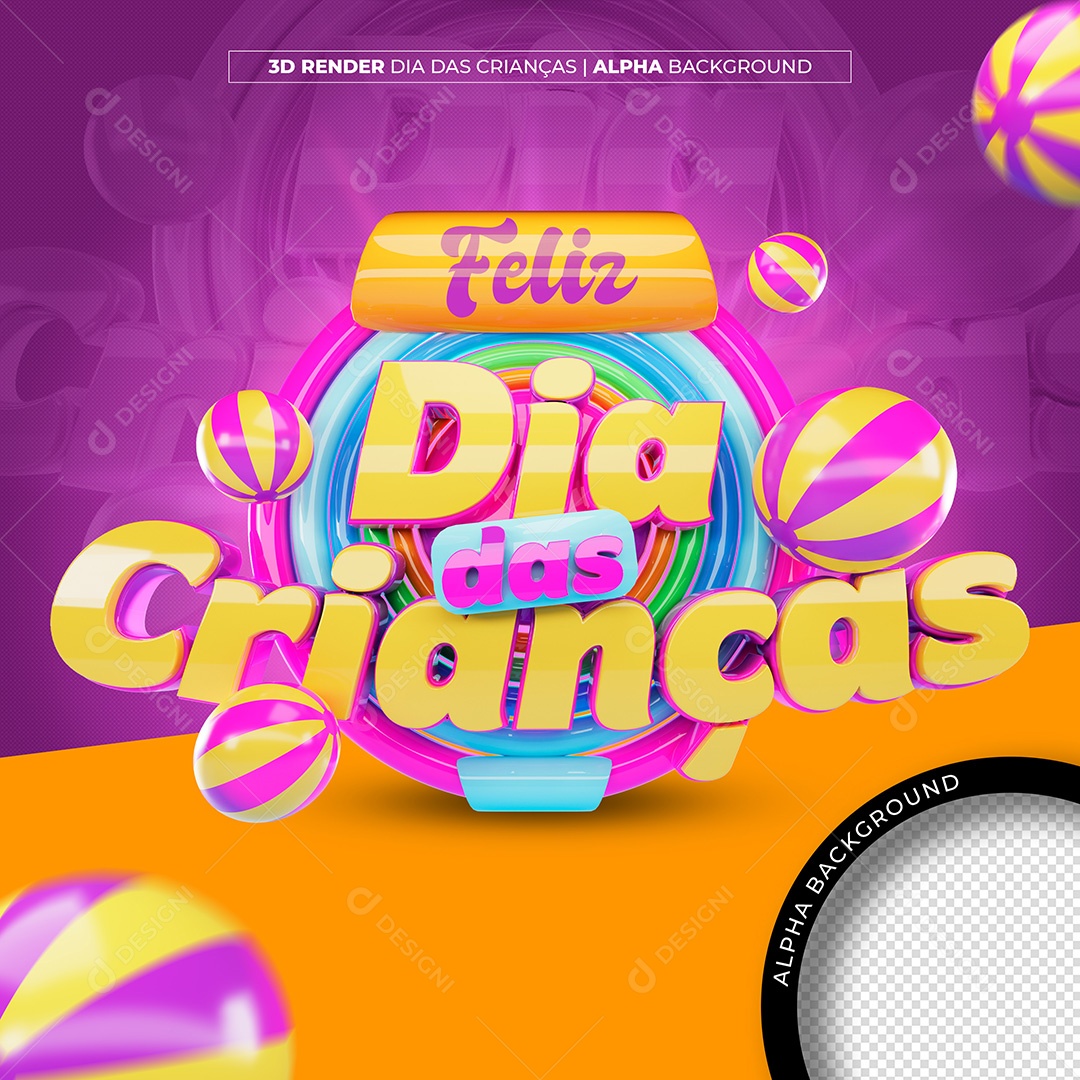 Feliz Dia Das Crianças 12 de Outubro Selo 3D Dourado Roxo para Composição PSD