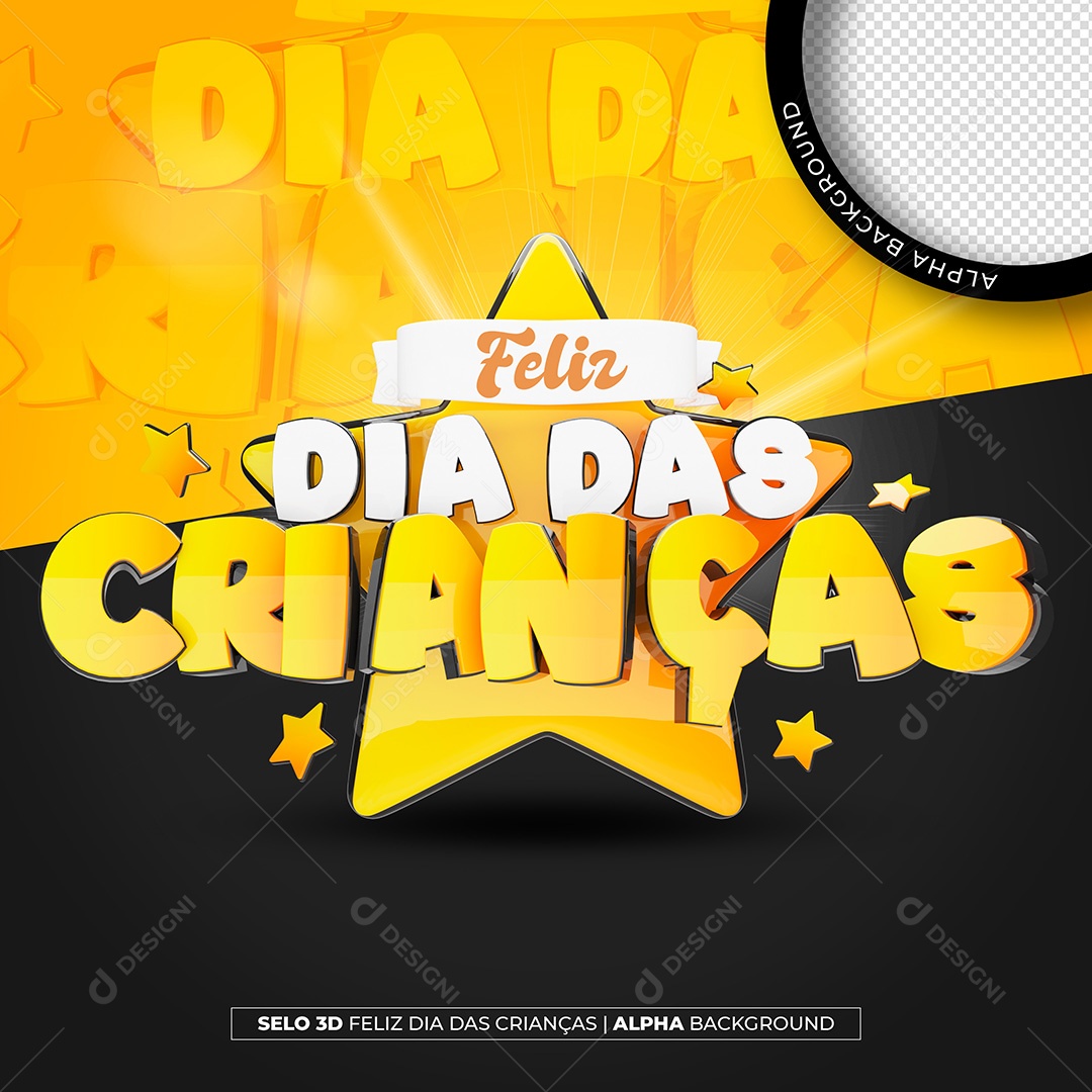 Feliz Dia Das Crianças 12 de Outubro Selo 3D Dourado Preto para Composição PSD