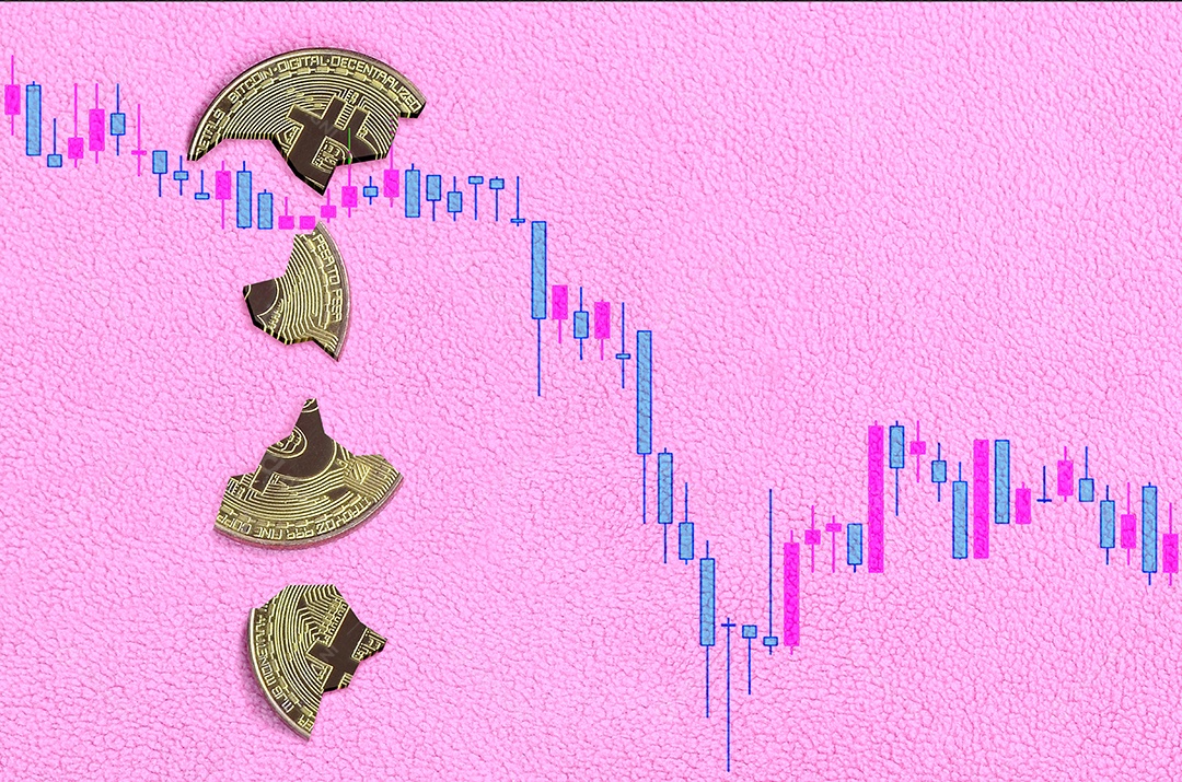 Bitcoin quebrado em um gráfico digital em queda da taxa de criptomoeda