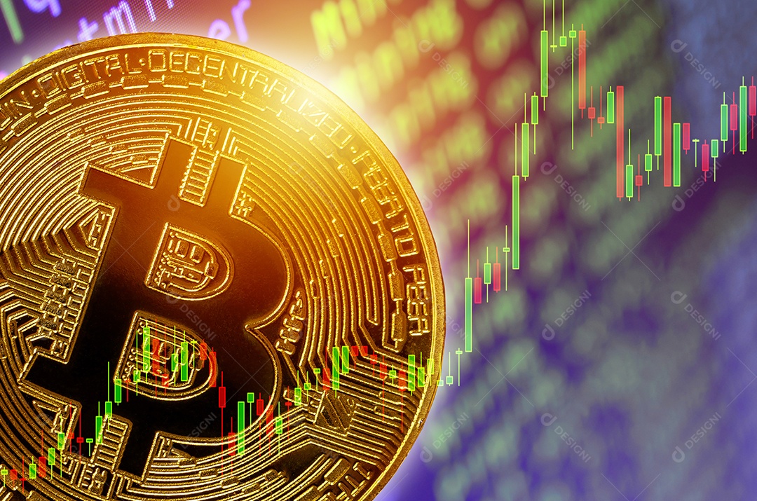 Moeda de bitcoin em fundo colorido de duas cores
