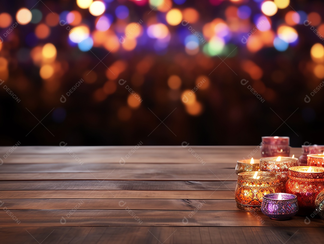 Mesa de madeira em branco com lanterna leve para fundo do festival de diwali