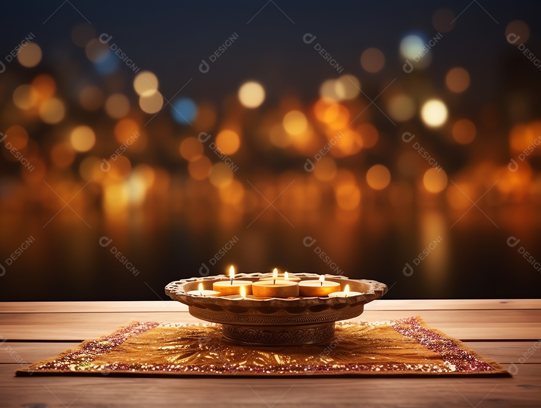 Mesa de madeira em branco com lanterna leve para fundo do festival de diwali