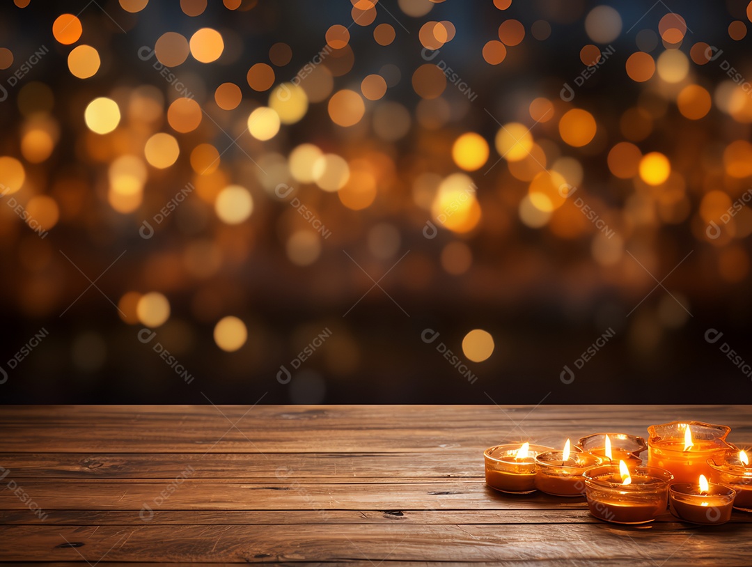 Mesa de madeira em branco com lanterna leve para fundo do festival de diwali