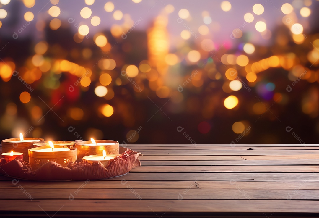 Mesa de madeira em branco com lanterna leve para fundo do festival de diwali