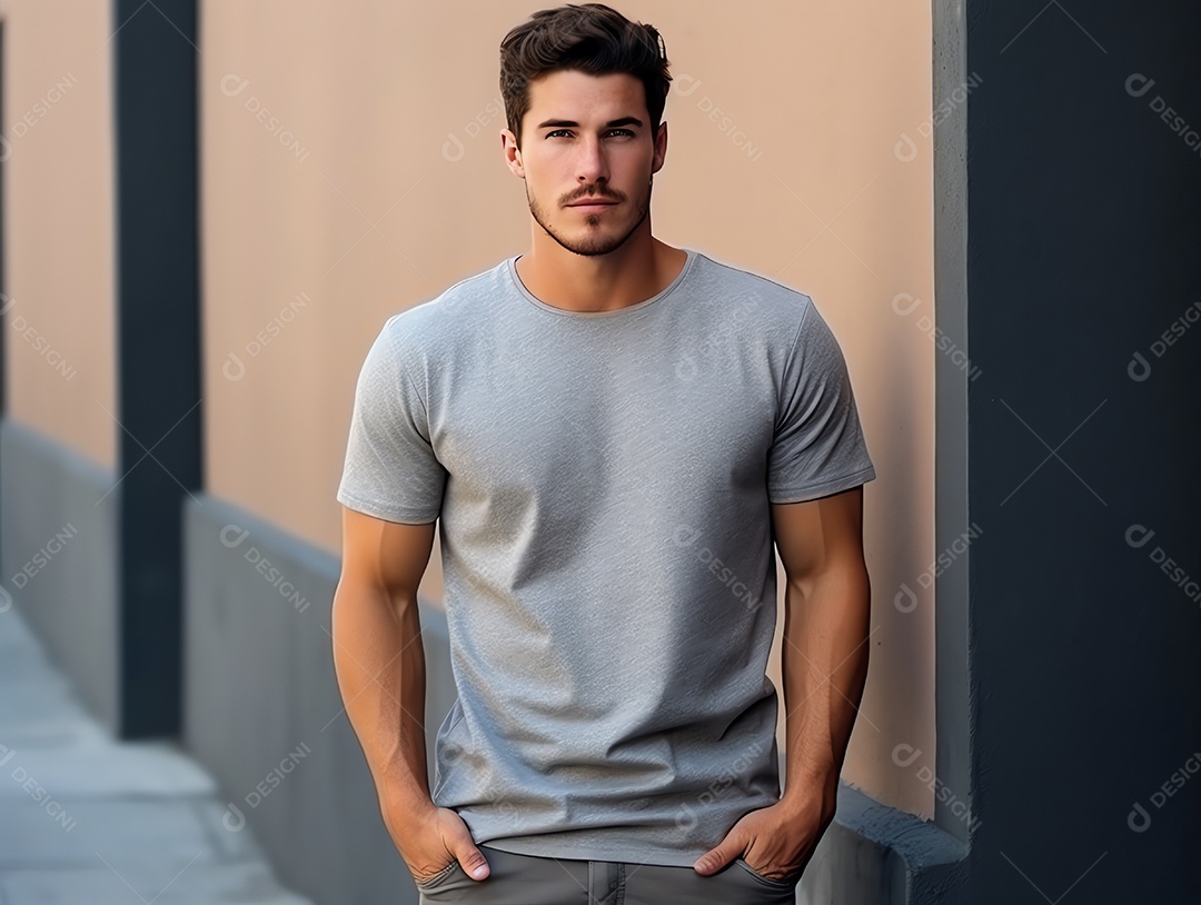Homem atraente vestindo maquete de camiseta cinza vazia em branco para modelo de design