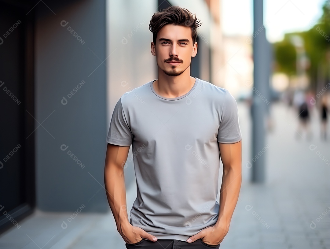 Homem atraente vestindo maquete de camiseta cinza vazia em branco para modelo de design