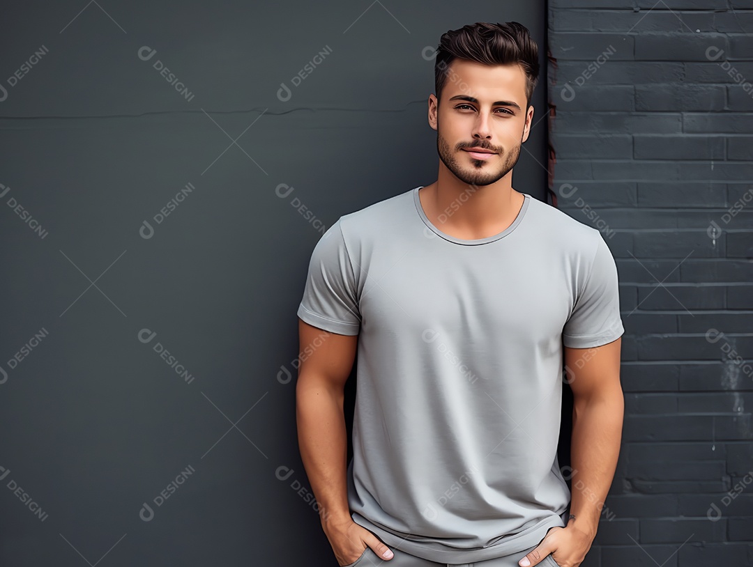 Homem atraente vestindo maquete de camiseta cinza vazia em branco para modelo de design