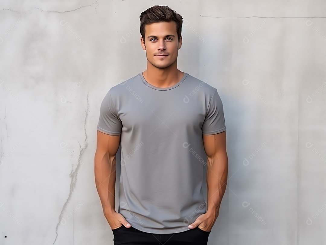 Homem atraente vestindo maquete de camiseta cinza vazia em branco para modelo de design