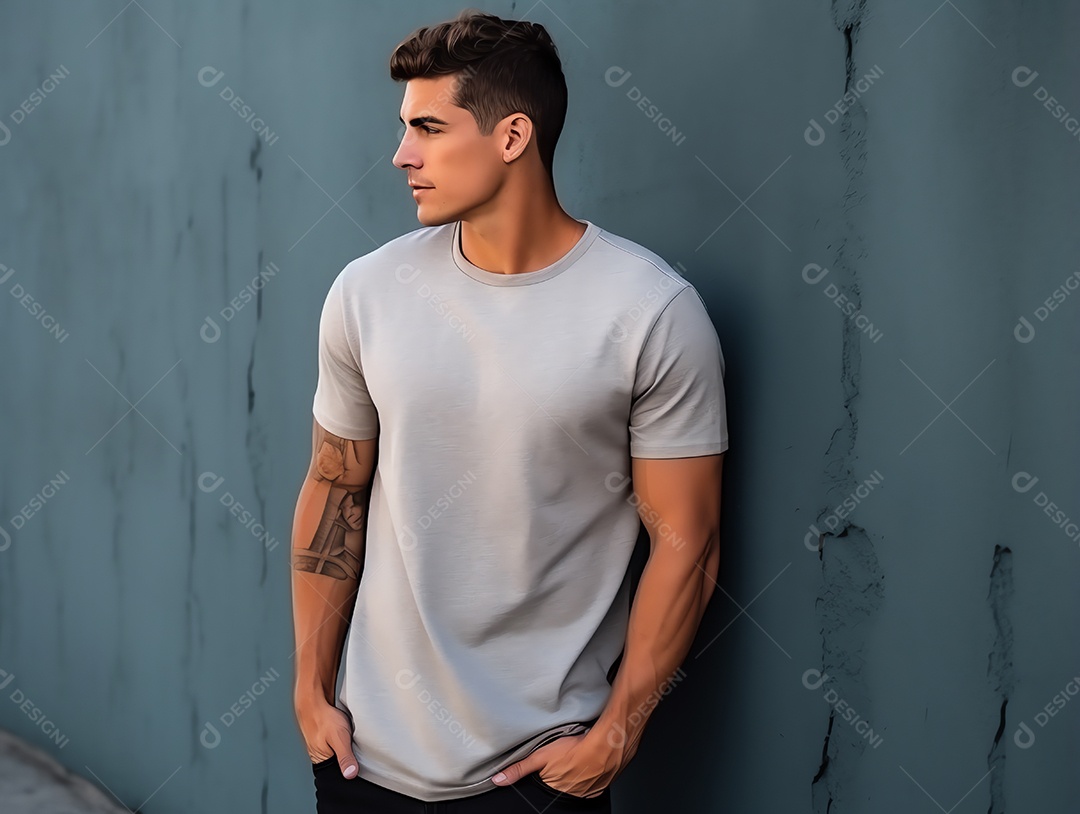 Homem atraente vestindo maquete de camiseta cinza vazia em branco para modelo de design