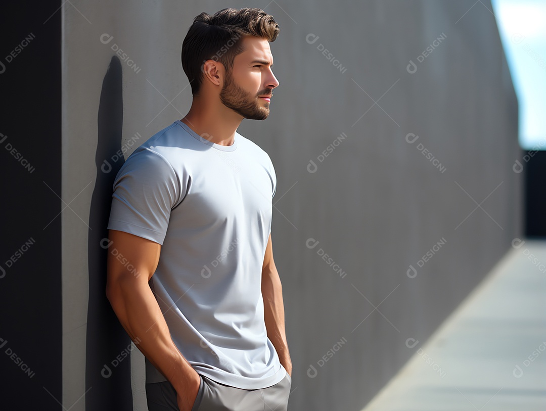 Homem atraente vestindo maquete de camiseta cinza vazia em branco para modelo de design