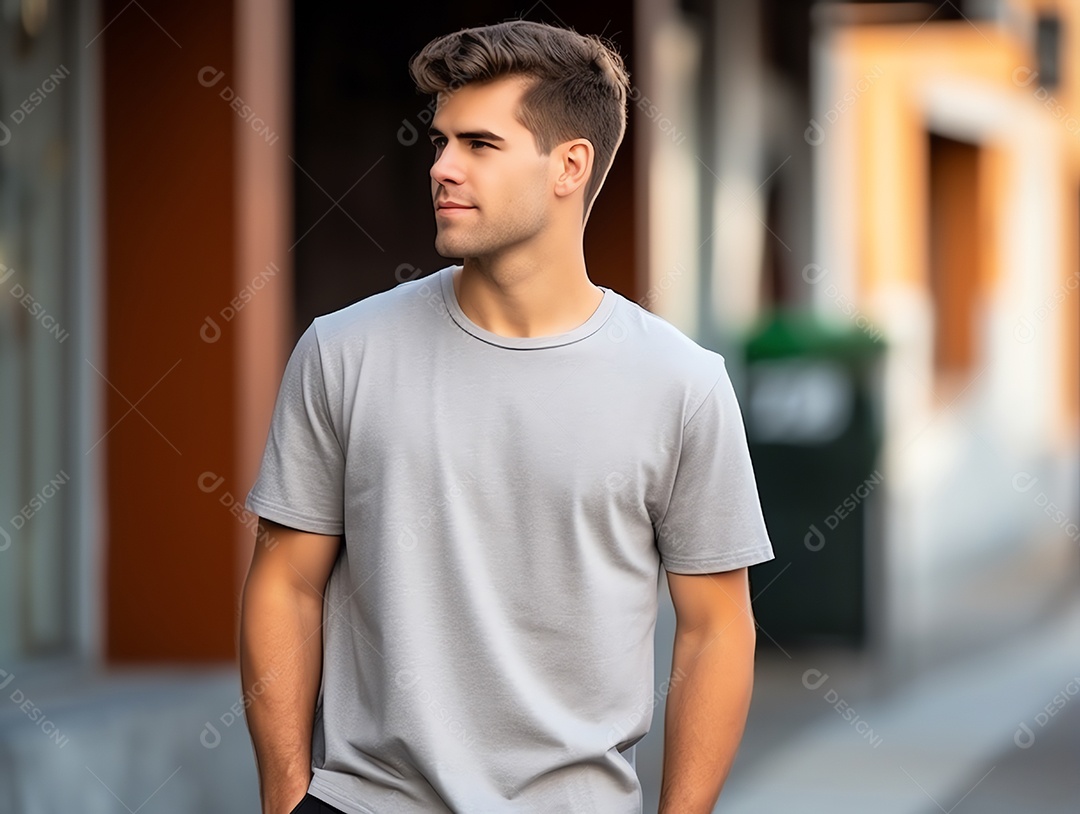 Homem atraente vestindo maquete de camiseta cinza vazia em branco para modelo de design
