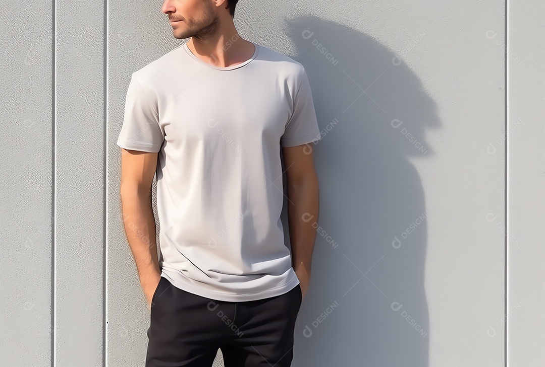 Homem atraente vestindo maquete de camiseta cinza vazia em branco para modelo de design