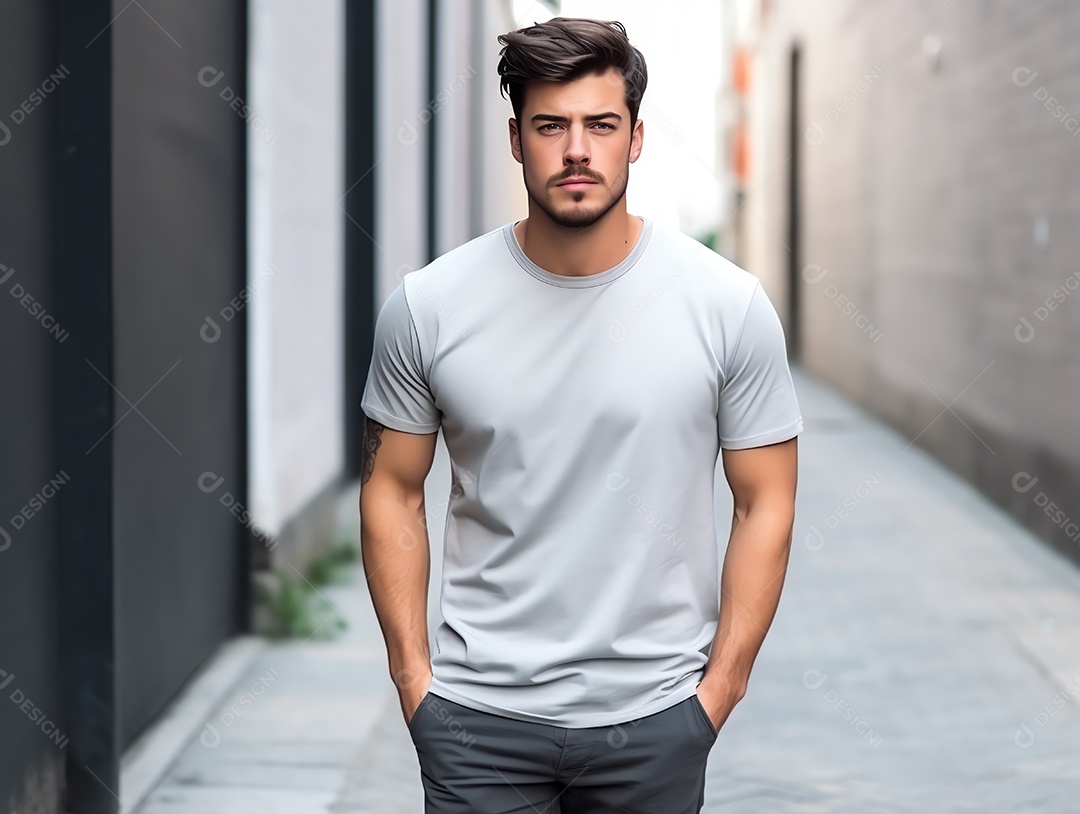 Homem atraente vestindo maquete de camiseta cinza vazia em branco para modelo de design