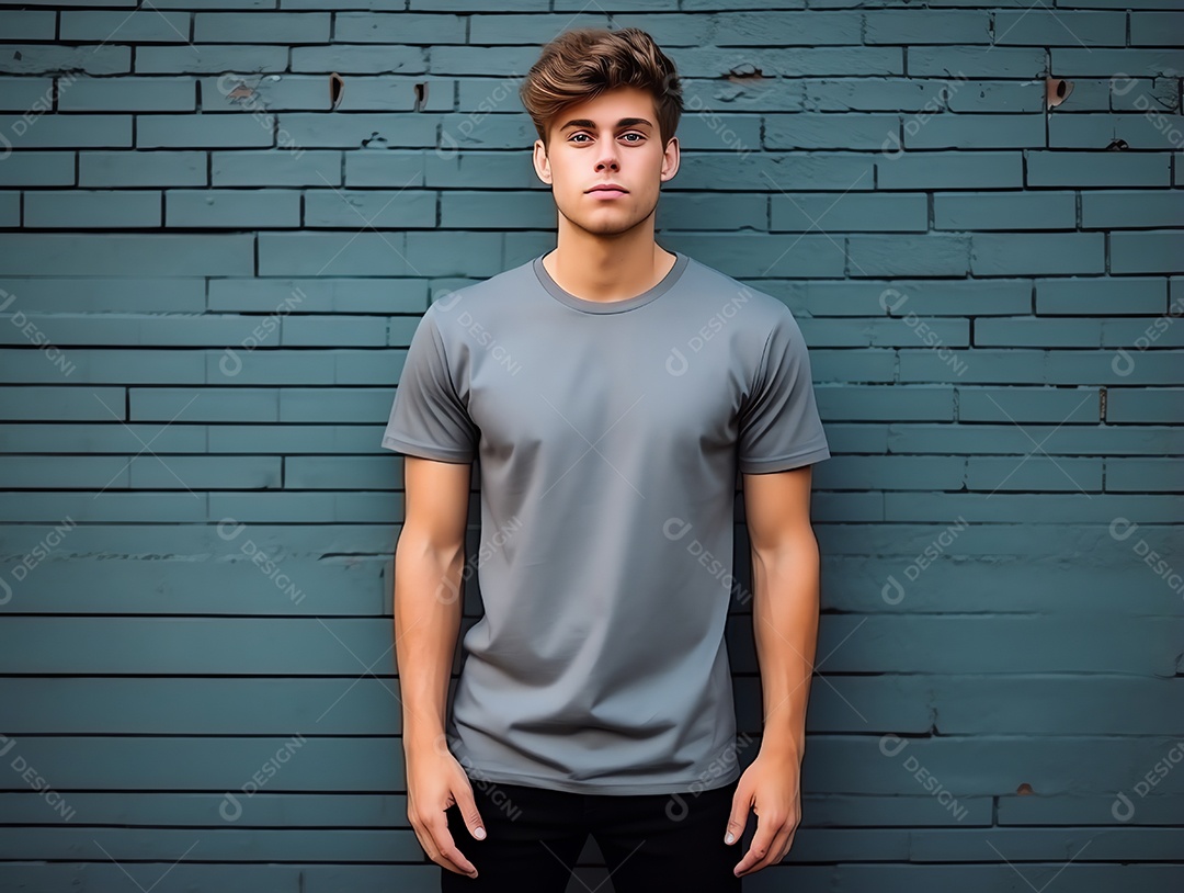 Homem atraente vestindo maquete de camiseta cinza vazia em branco para modelo de design