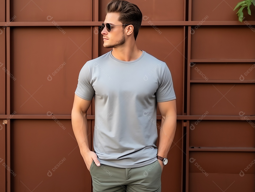 Homem atraente vestindo maquete de camiseta cinza vazia em branco para modelo de design