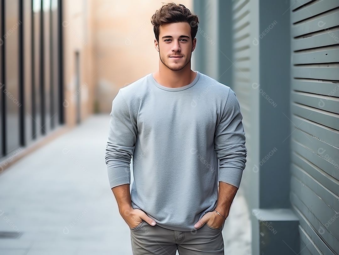 Homem atraente vestindo maquete de camiseta cinza vazia em branco para modelo de design