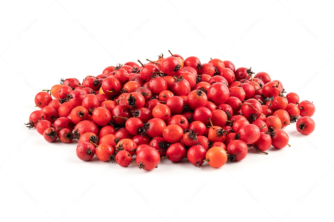 Pequena pilha de bagas de espinheiro isoladas no fundo branco