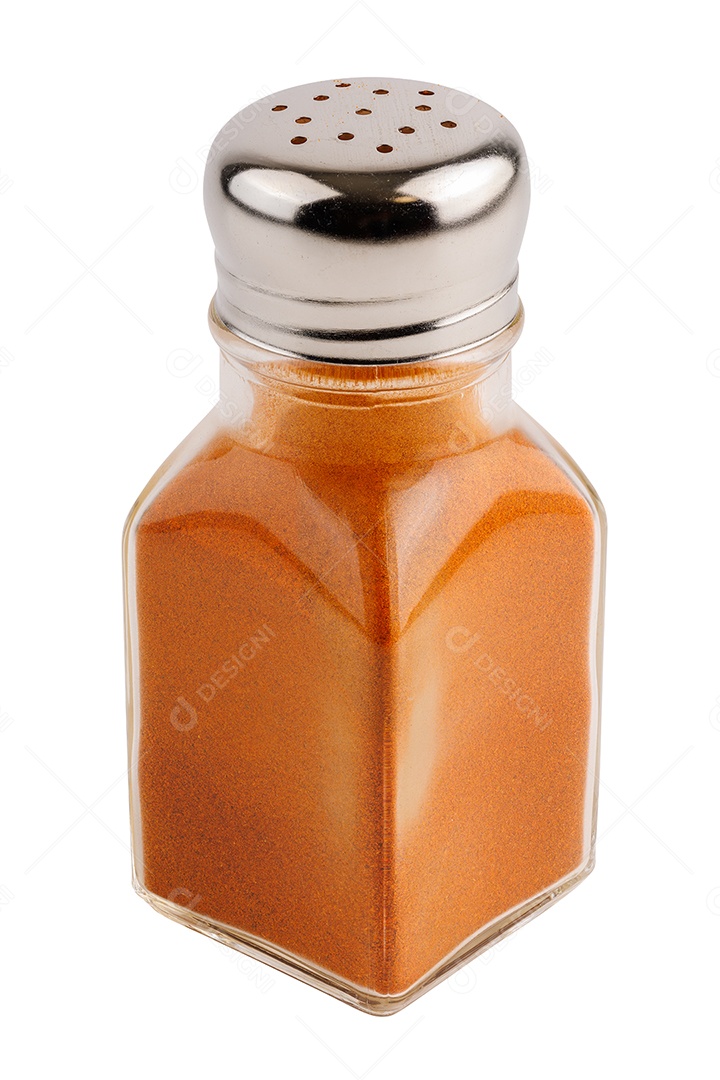 Pote de vidro com tempero isolado no fundo branco