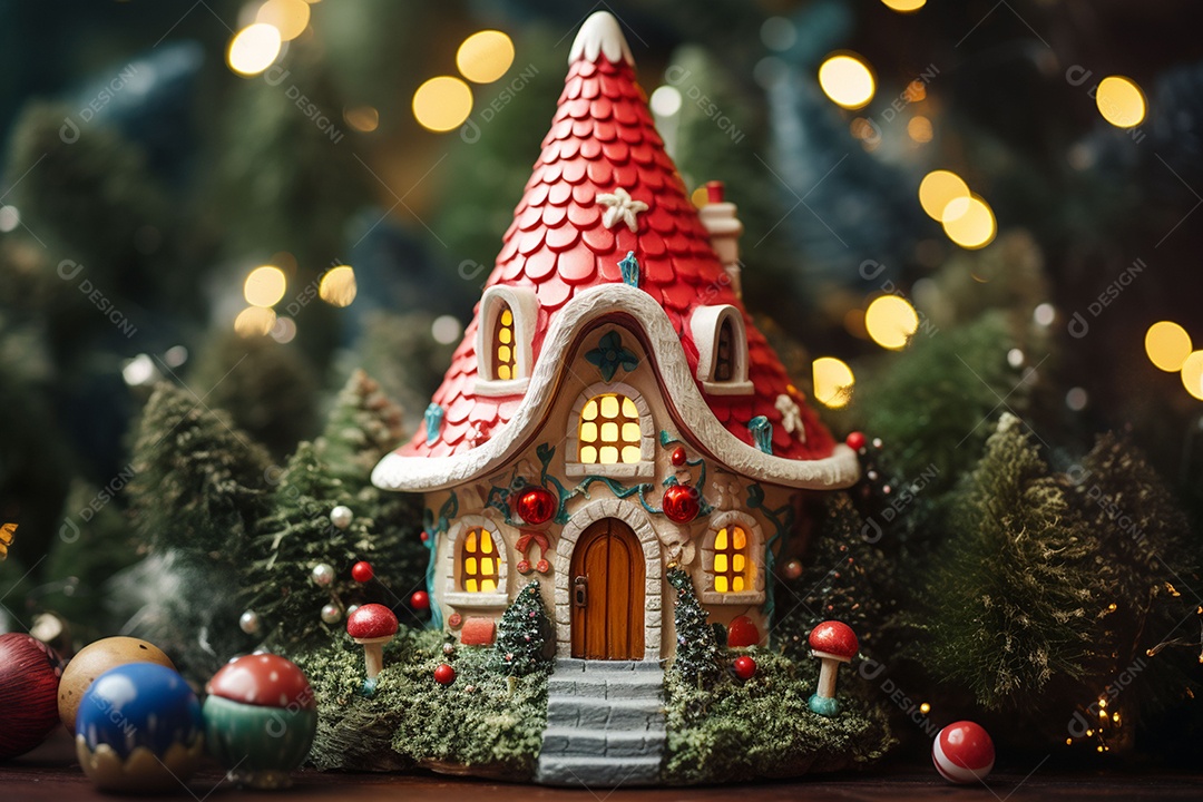 Uma fada casa de natal na árvore de natal