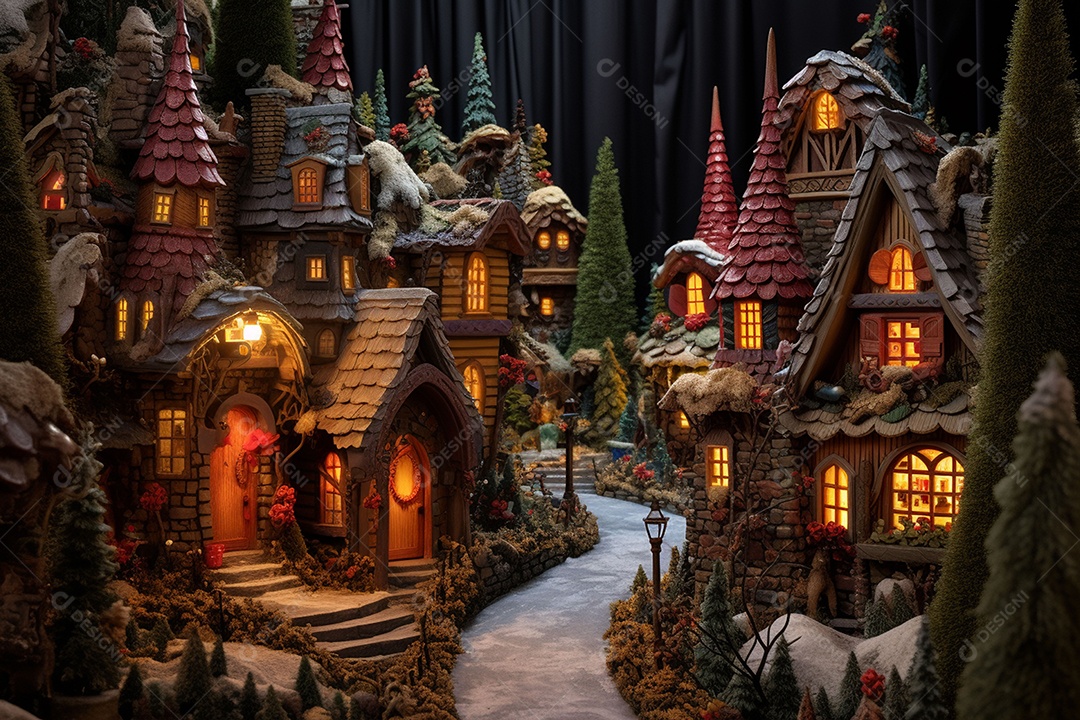 Uma floresta encantada com linda casa do Papai Noel